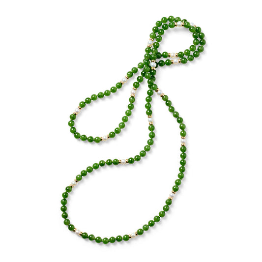 Green Nephrite Jade and Pearl Station Rope Necklace