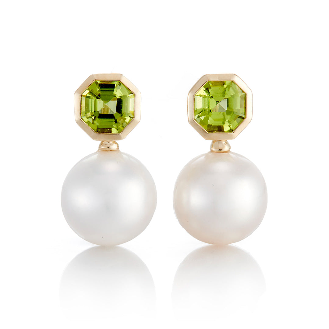 Peridot and Pearl Drop Earrings in Octagonal Design