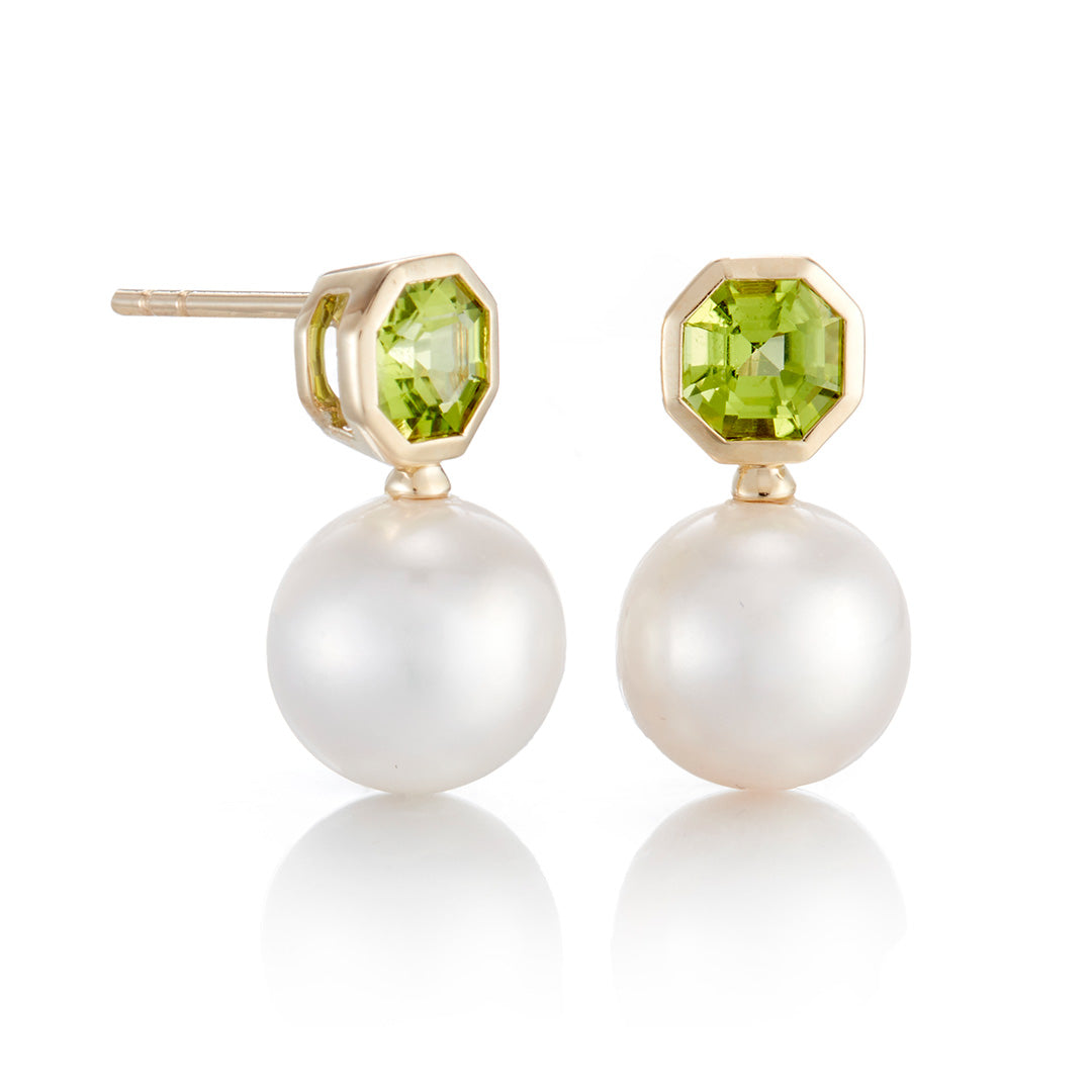 Peridot and Pearl Drop Earrings in Octagonal Design