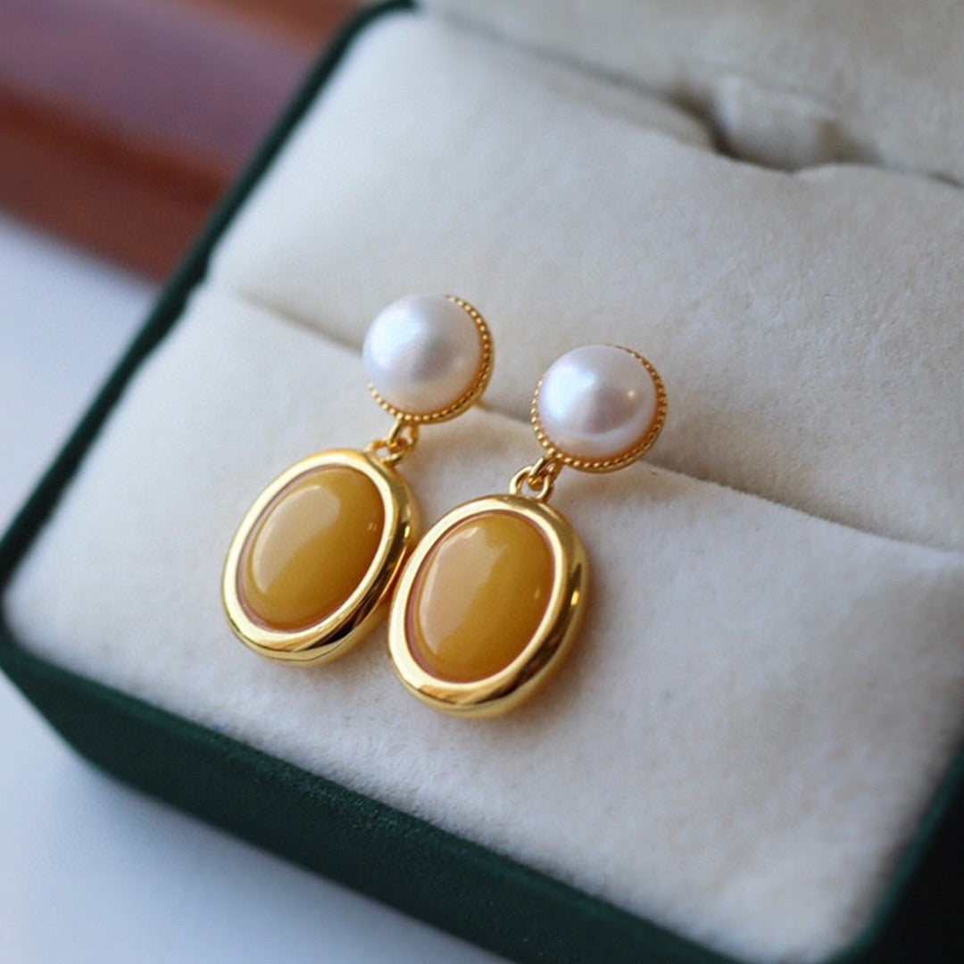 Amber and Pearl Drop Earrings