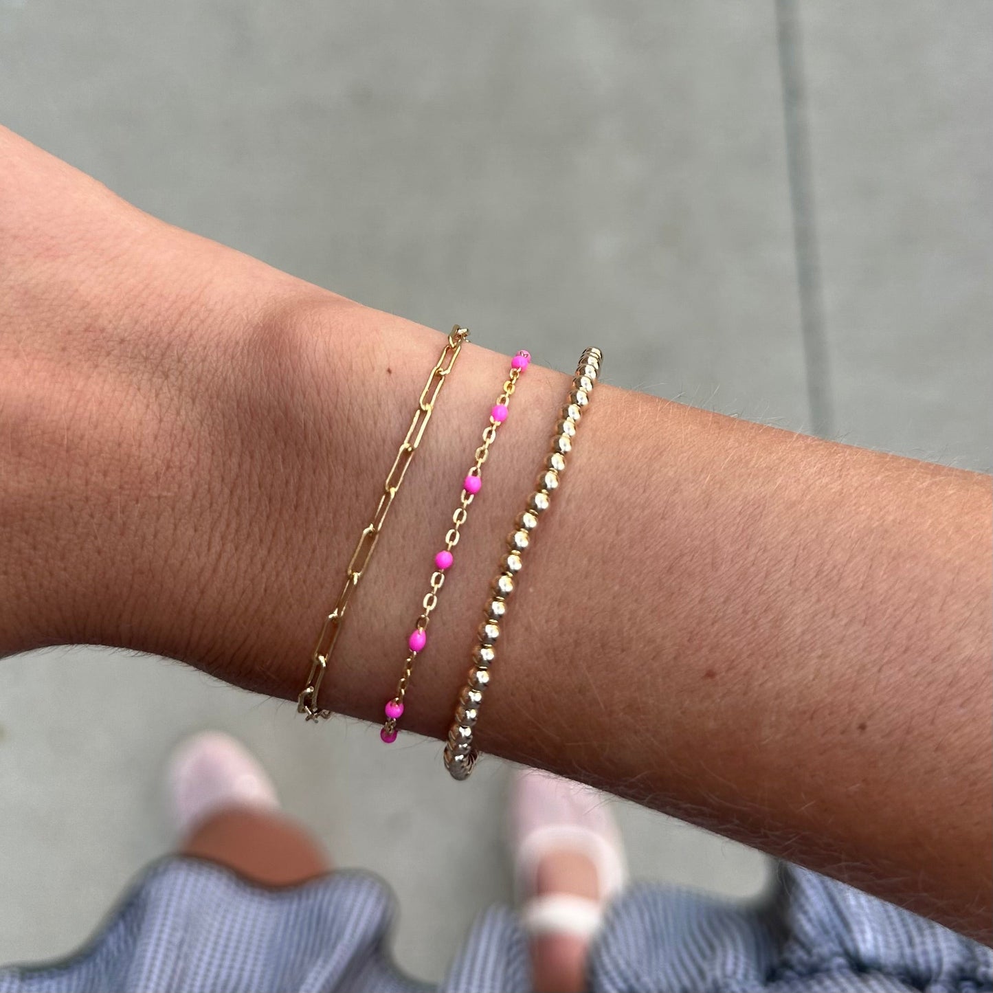 Triple Stack Bracelet with Pink Daisy and Paperclip Design