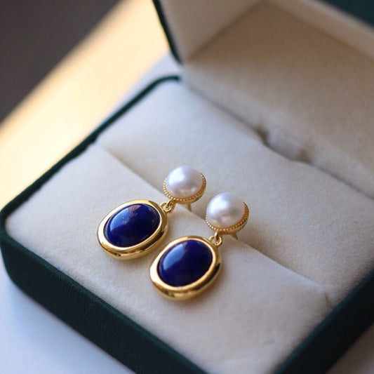 Blue Lapis Lazuli and Pearl Drop Earrings