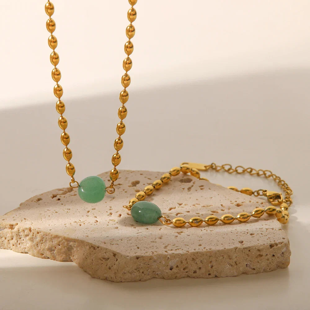 Gold Necklace Set with Green Oval Stone