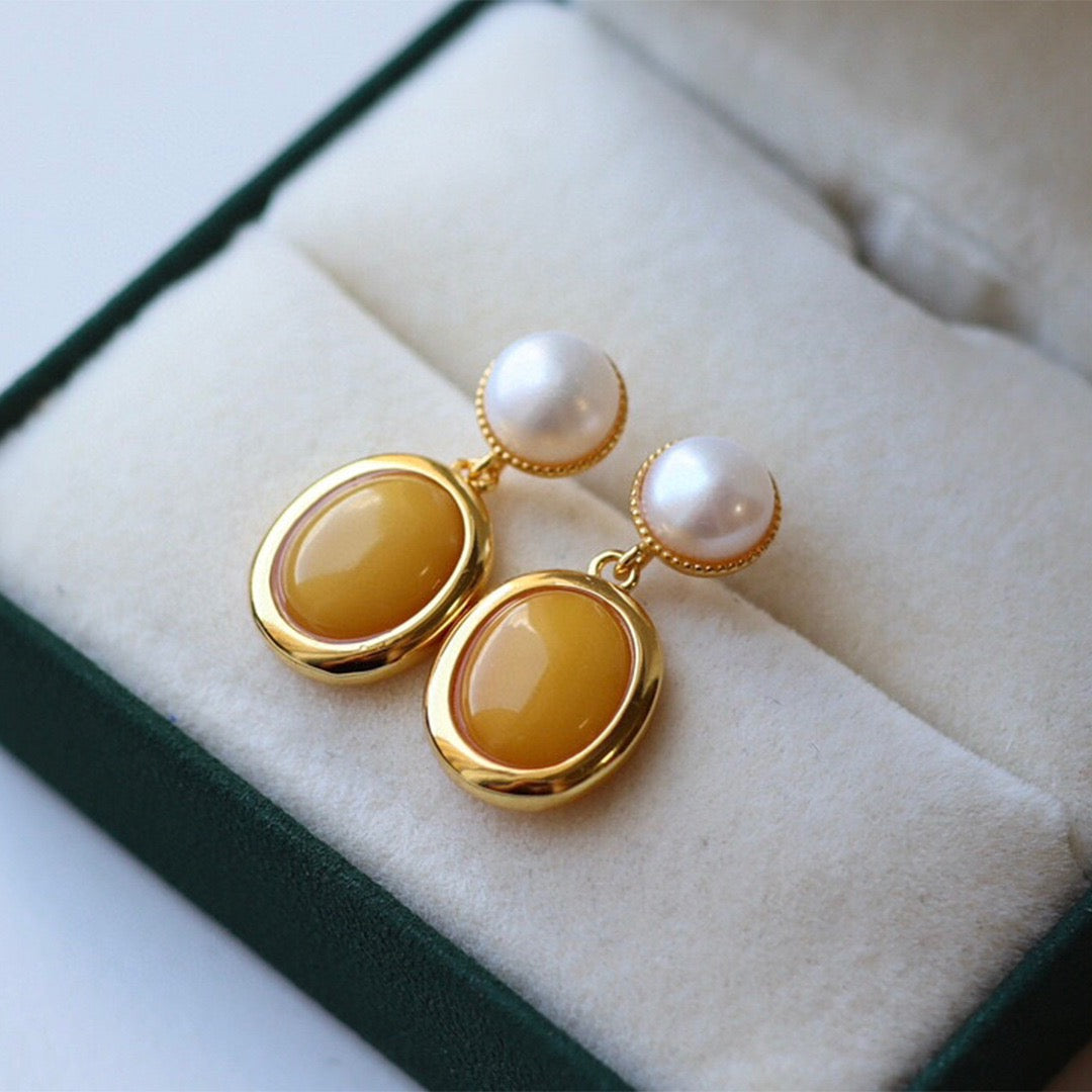 Amber and Pearl Drop Earrings