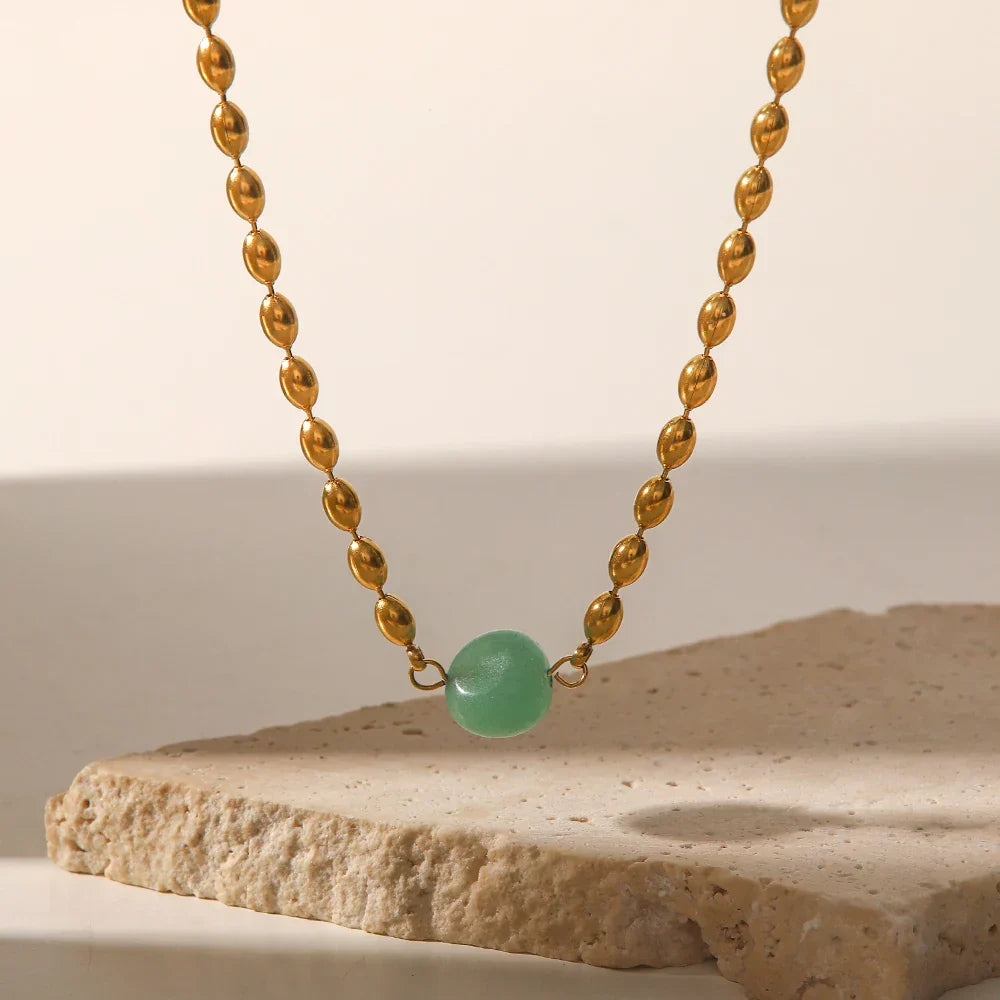 Gold Necklace Set with Green Oval Stone