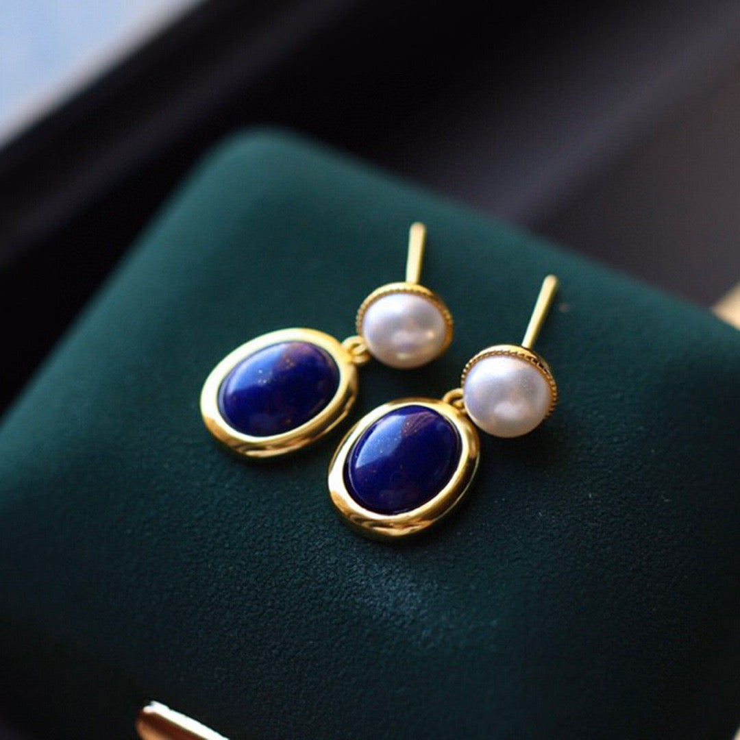 Blue Lapis Lazuli and Pearl Drop Earrings