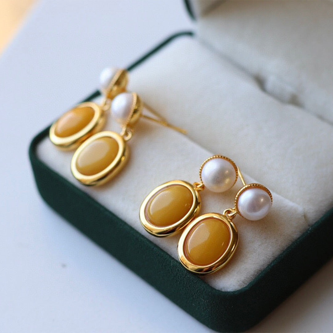 Amber and Pearl Drop Earrings