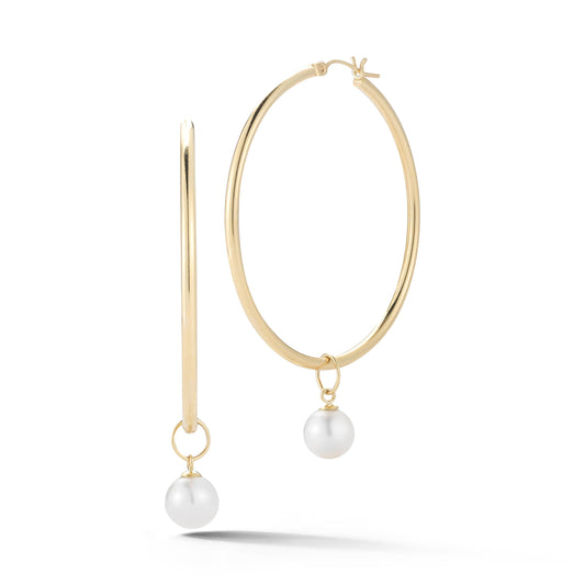 Large 14kt Gold Detachable Pearl Hoop Earrings