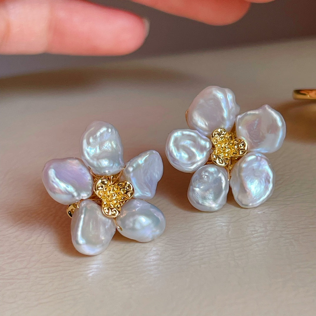 Keshi Pearl Flower Petal Earrings and Ring Set