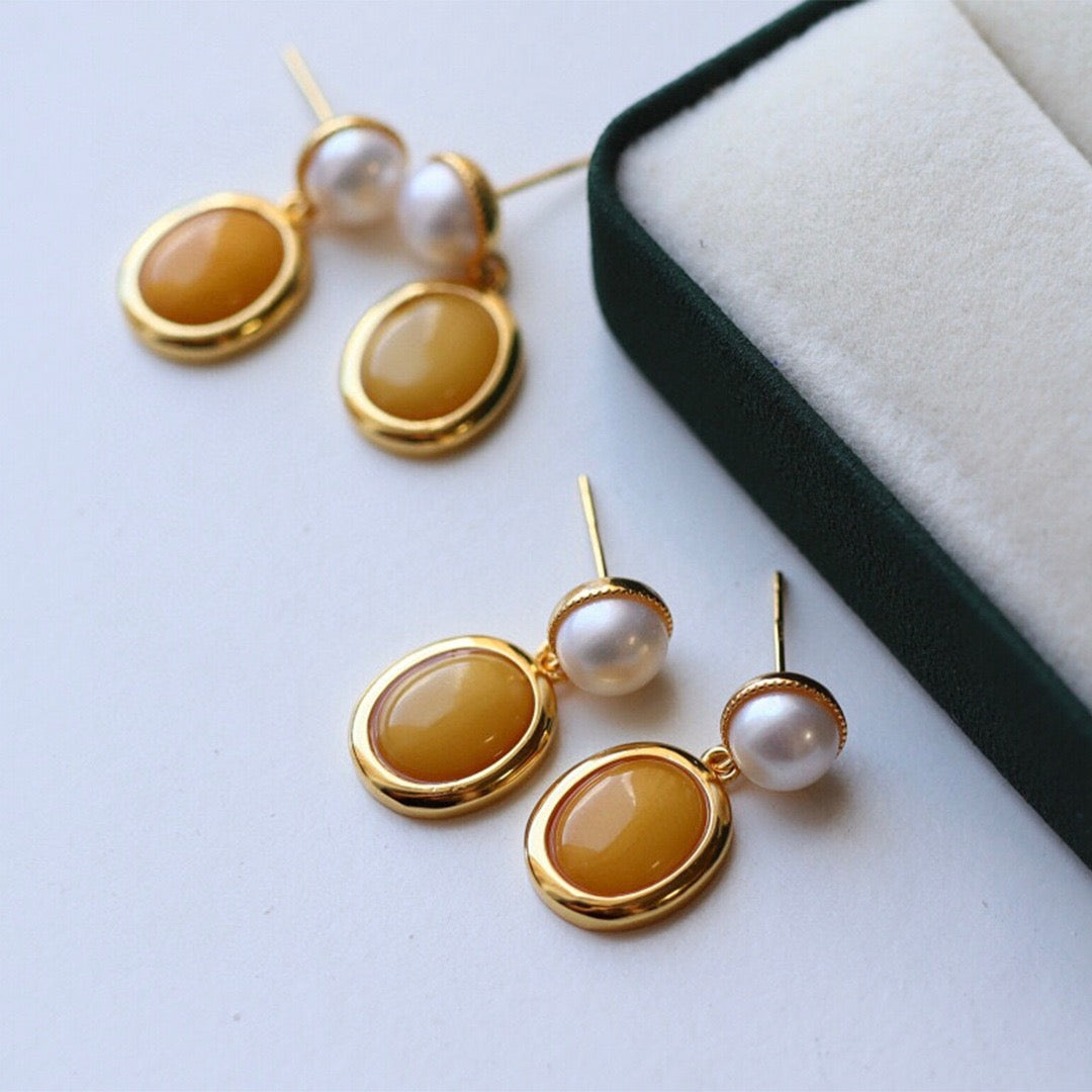 Amber and Pearl Drop Earrings