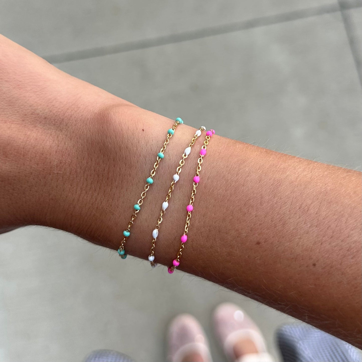 Triple Stack Bracelet with Turquoise Pink and White Daisies