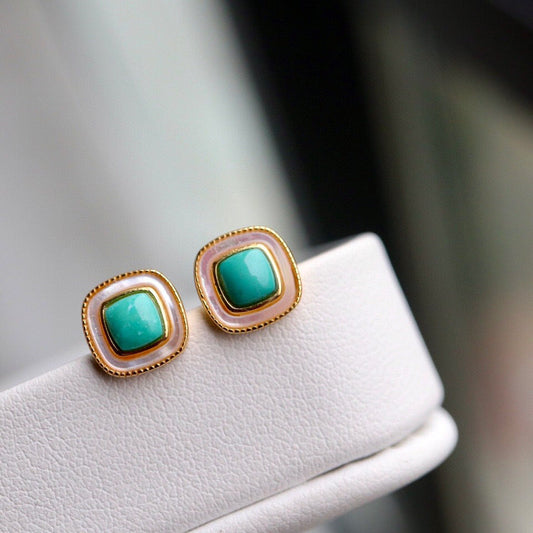 Geometric Stud Earrings with Green Turquoise and Mother of Pearl