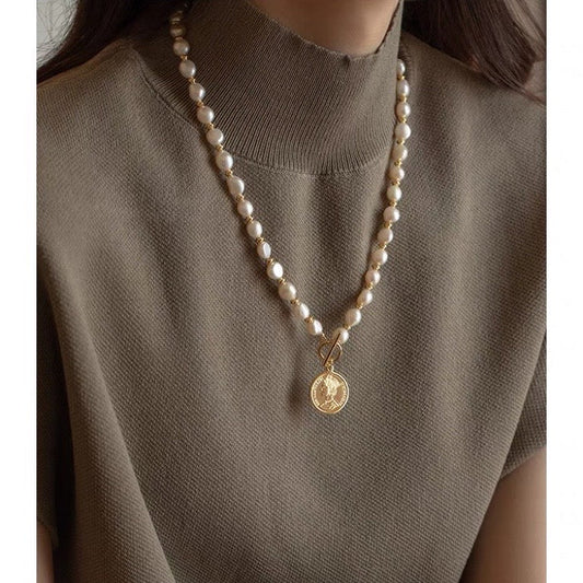 Long Baroque Pearl Necklace with Queen Coin Pendant