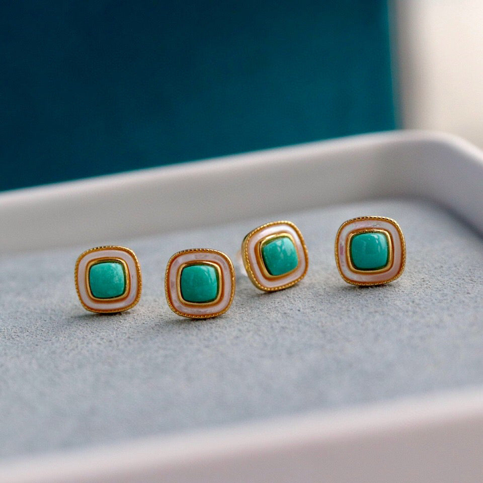 Geometric Stud Earrings with Green Turquoise and Mother of Pearl