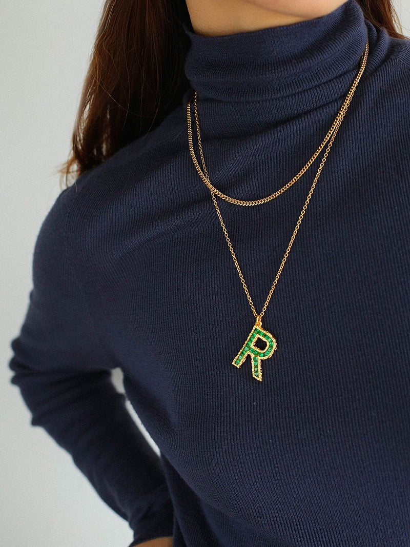 Green Zirconia Letter Necklace for Women