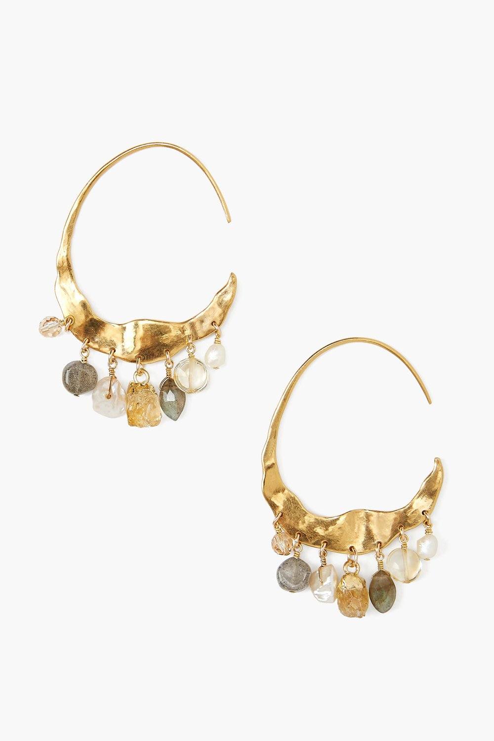 Crescent Cream Pearl and Citrine Gold Hoop Earrings