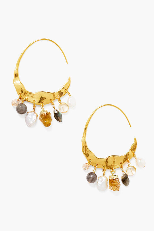 Crescent Cream Pearl and Citrine Gold Hoop Earrings