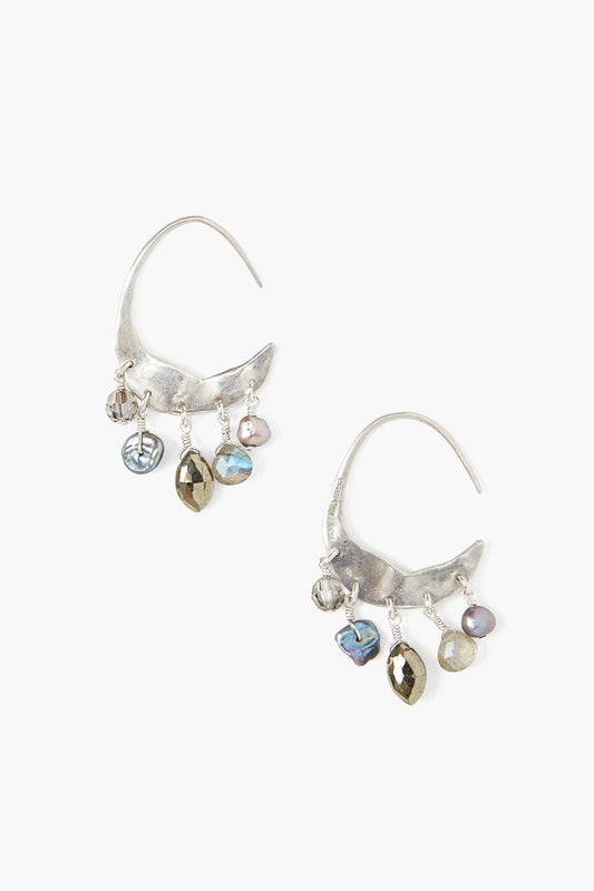 Small Grey Pearl and Labradorite Silver Hoop Earrings