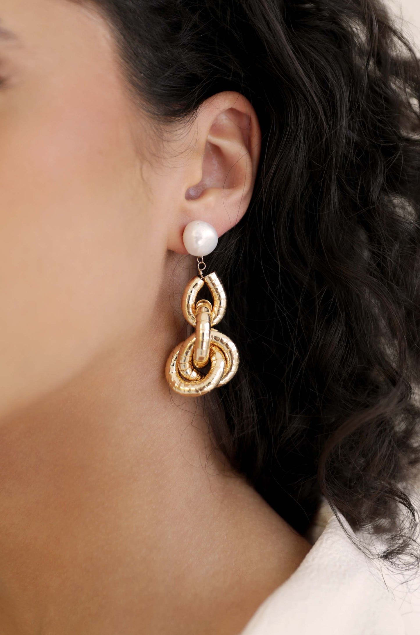 Gold Pearl Drop Earrings with Liquid Finish