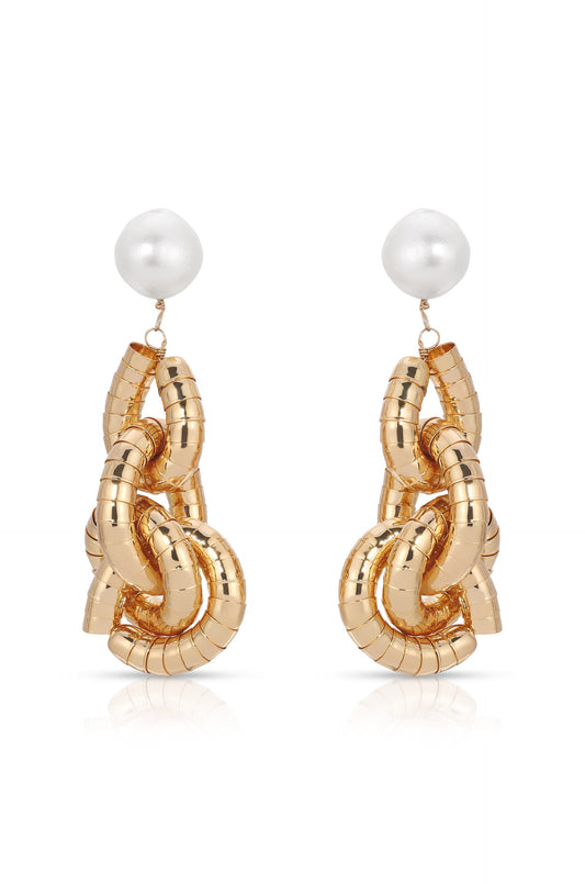 Gold Pearl Drop Earrings with Liquid Finish