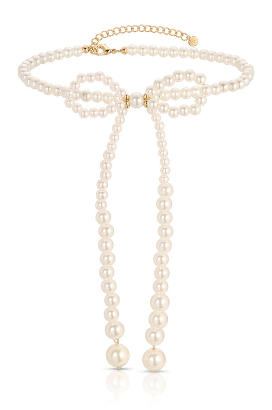 Elegant Pearl Bow Necklace in Silver