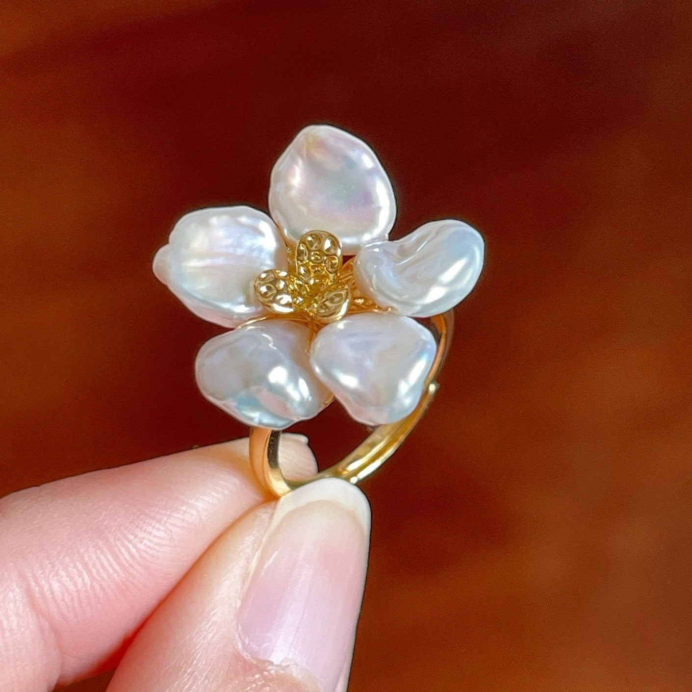 Pearl Flower Petal Earrings and Matching Ring