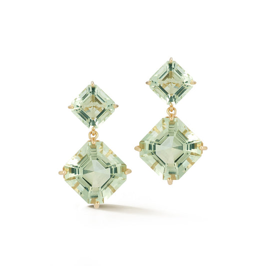 Green Amethyst Asscher Cut Drop Earrings in 14kt Gold