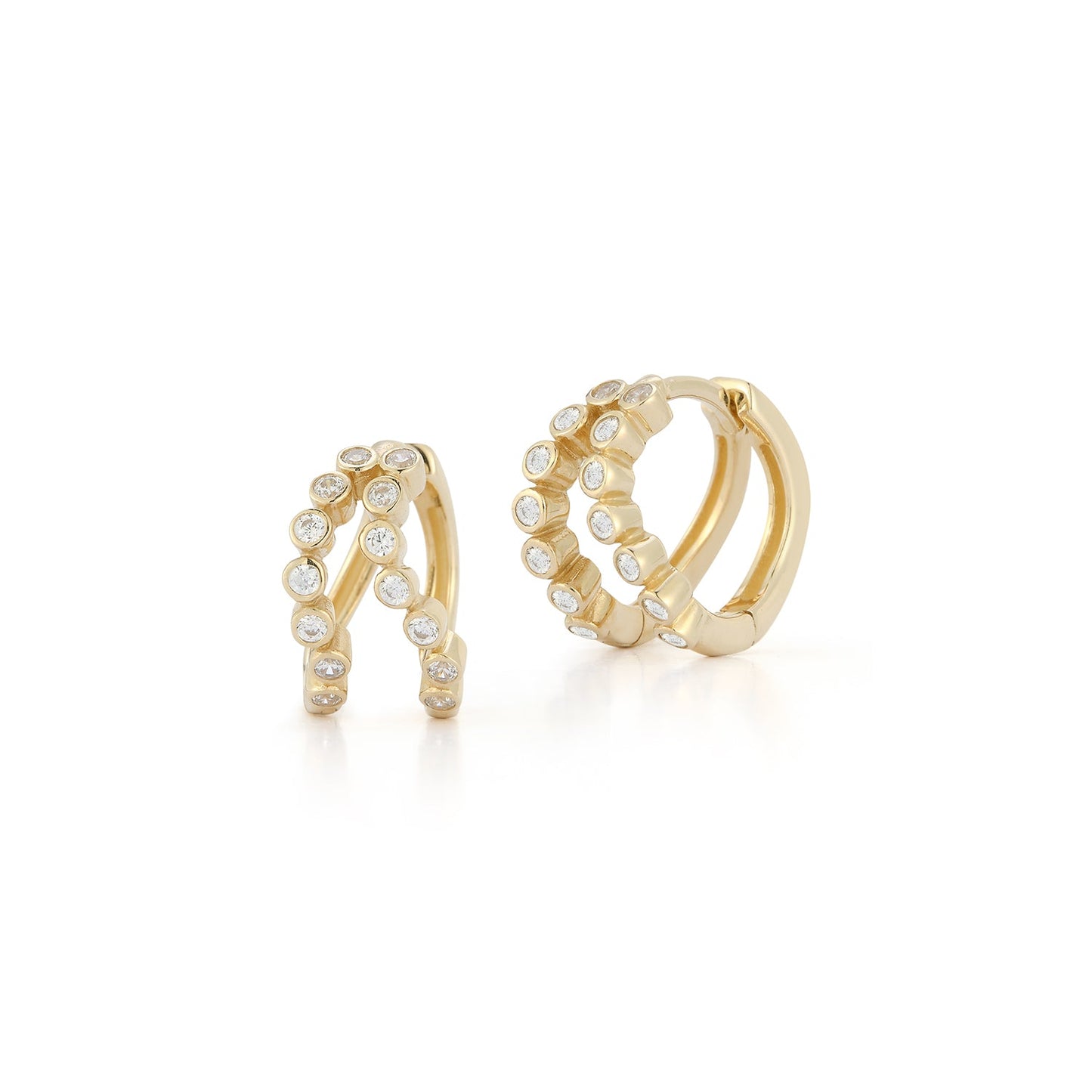 Double Diamond Bezel Wave Huggie Earrings in 14kt