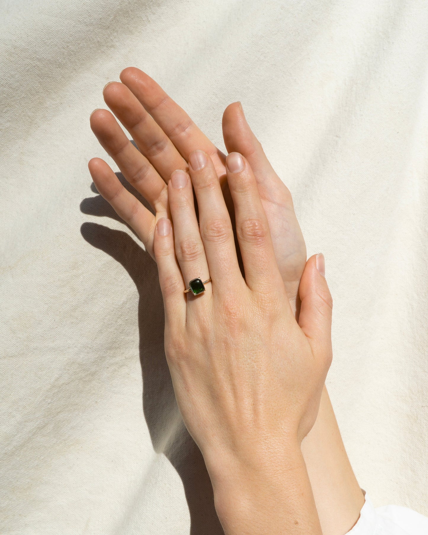 Green Tourmaline Sugarloaf Floating Ring in 14K Gold