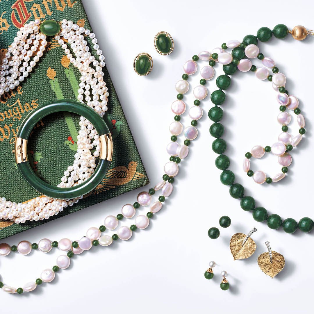 Coin Pearl and Green Nephrite Jade Rope Necklace