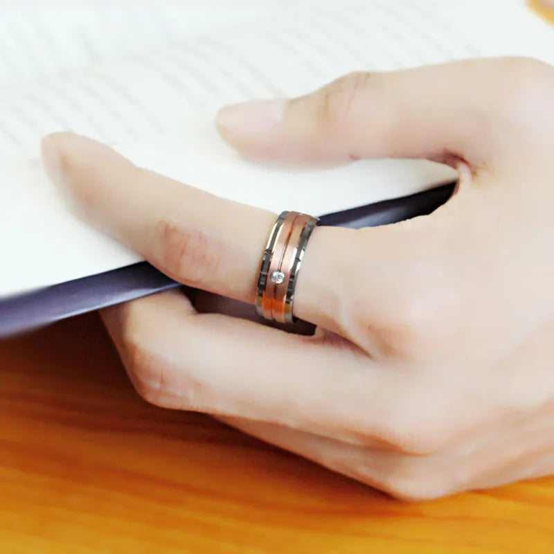 Rose Gold Steel Ring with Zircon for Men