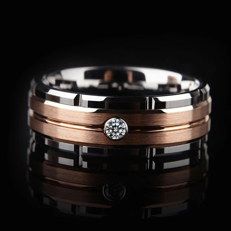 Rose Gold Steel Ring with Zircon for Men