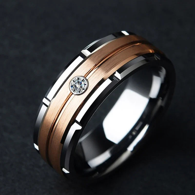 Rose Gold Steel Ring with Zircon for Men