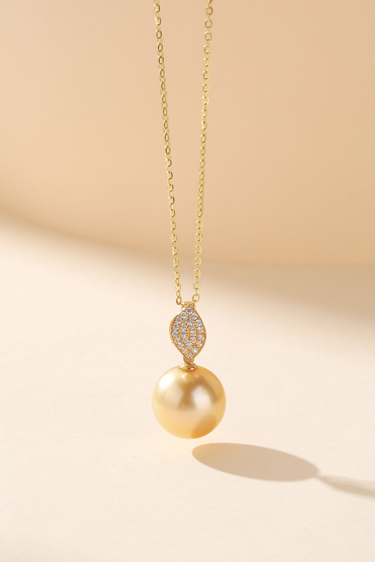 Golden South Sea Pearl Leaf Pendant Necklace in 18K Gold