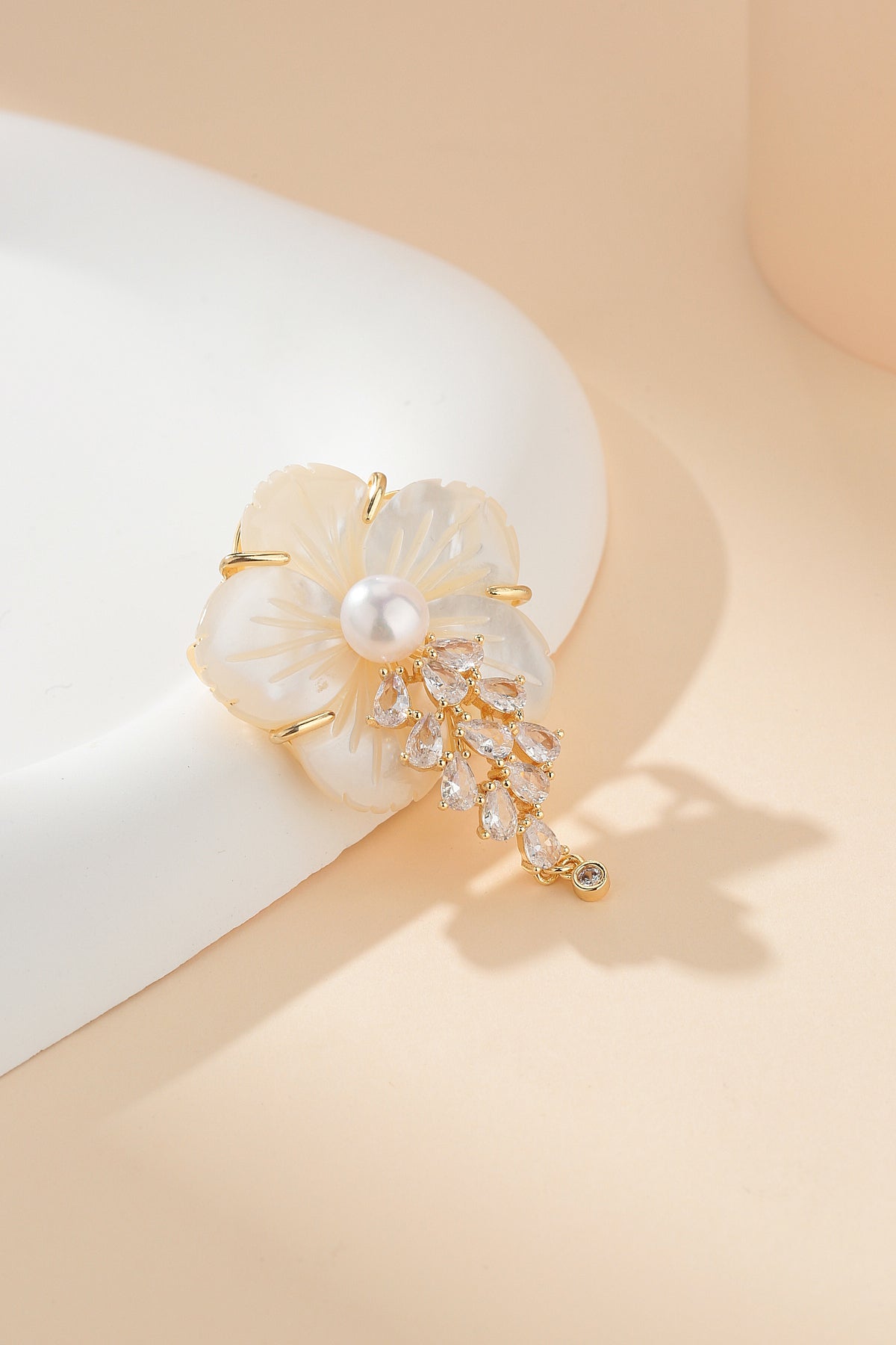 Carved Flower Pearl and Cubic Zirconia Brooch