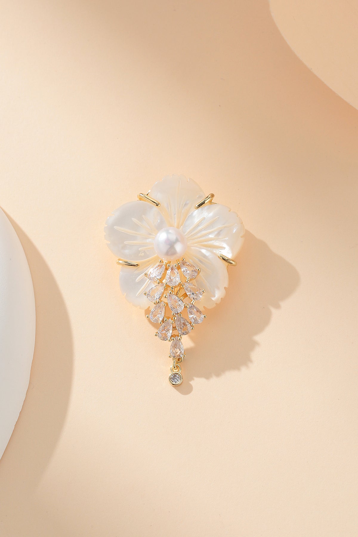 Carved Flower Pearl and Cubic Zirconia Brooch