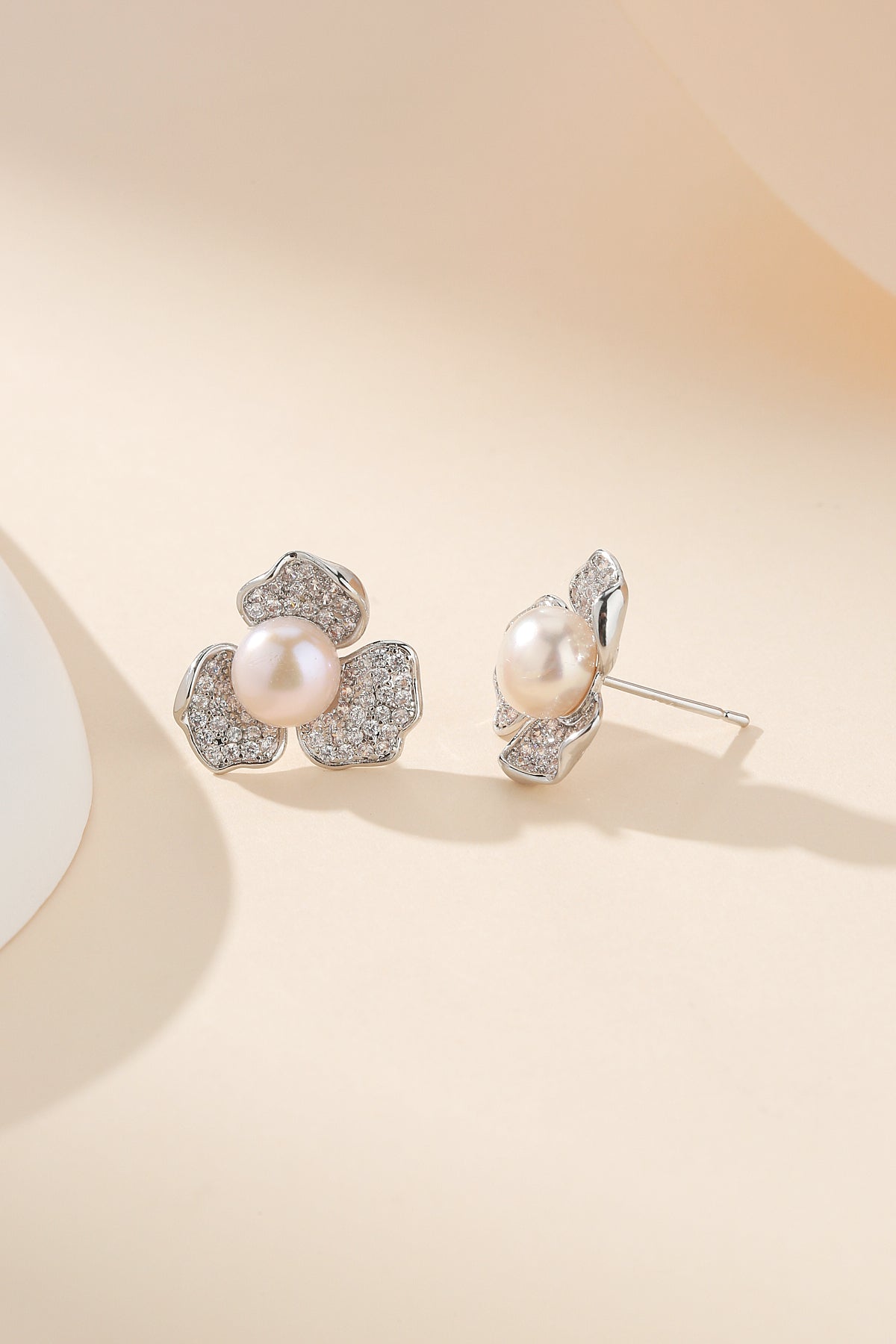 Cubic Zirconia Floral Pearl Earrings 5-5.5mm