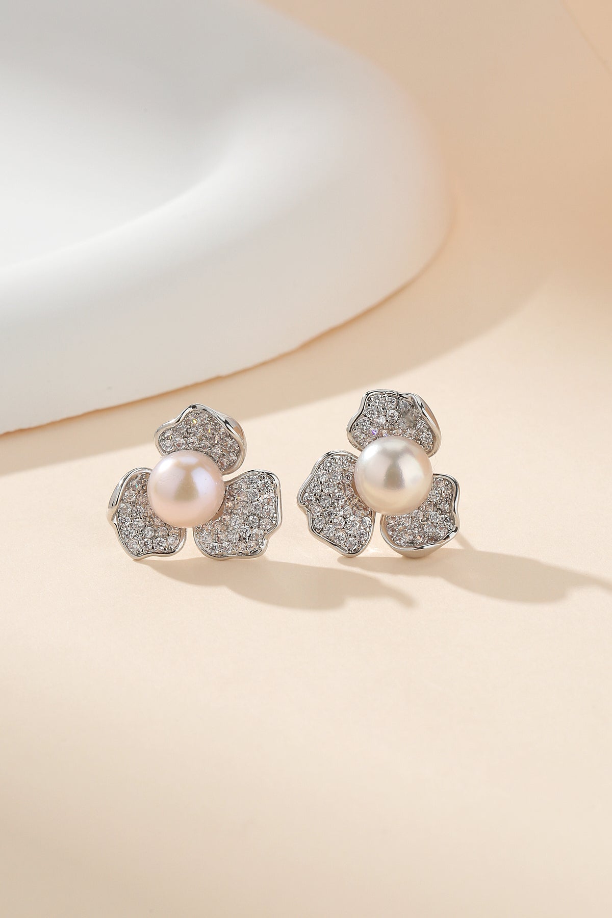 Cubic Zirconia Floral Pearl Earrings 5-5.5mm