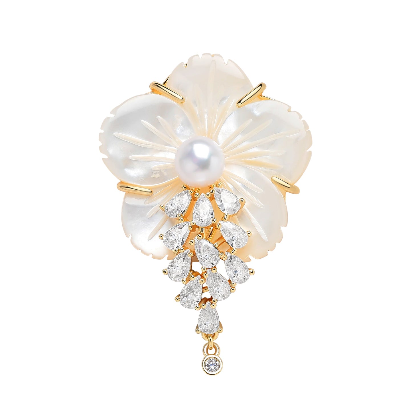 Carved Flower Pearl and Cubic Zirconia Brooch