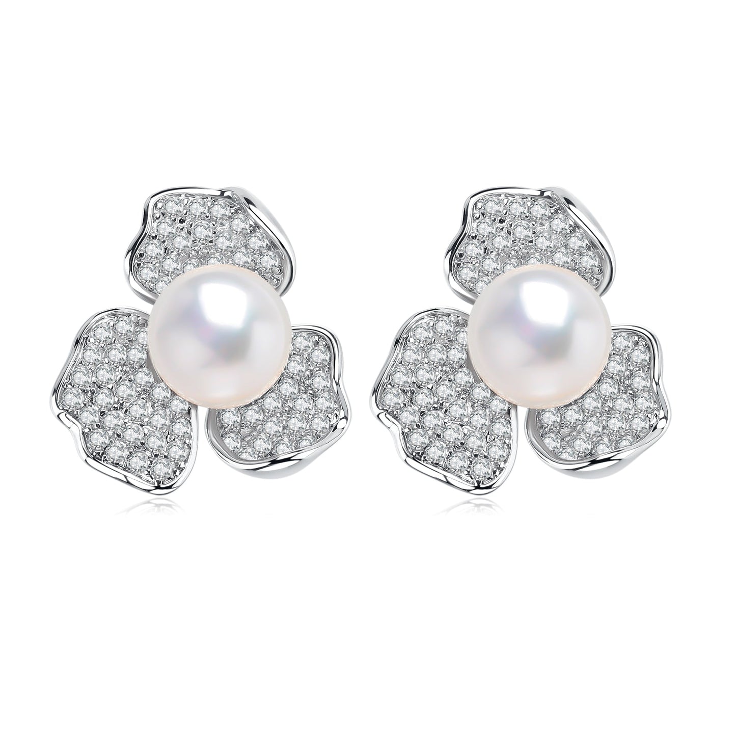 Cubic Zirconia Floral Pearl Earrings 5-5.5mm