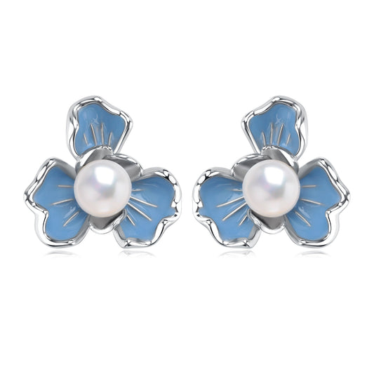 Blue Floral Pearl Earrings 7-7.5mm