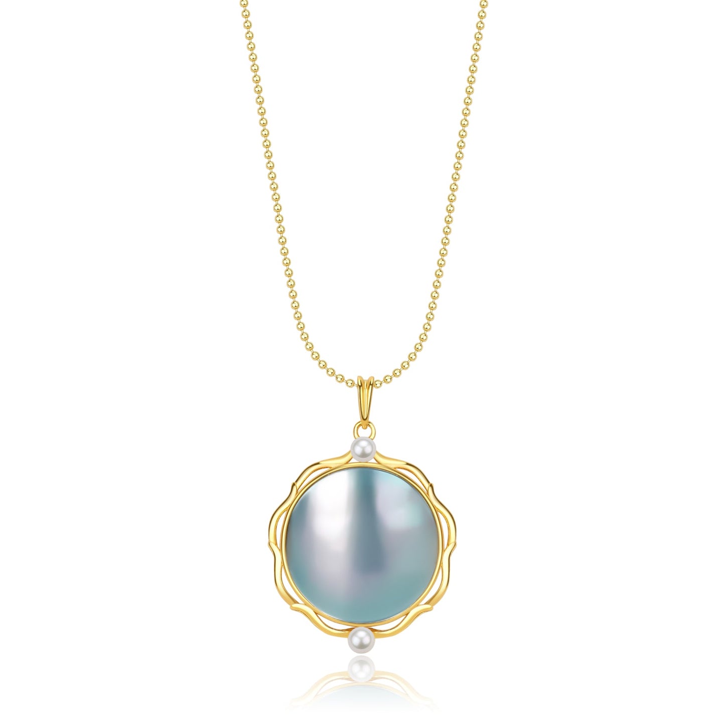 Round Blue Mabe Pendant Necklace in Gold Vermeil