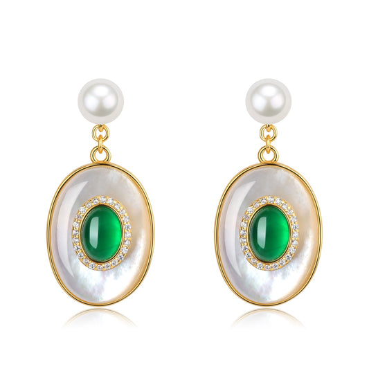 Green Onyx and Mother of Pearl Earrings in Gold Vermeil