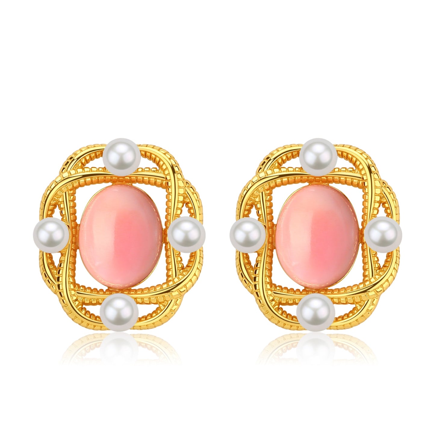 Square Pink Conch Shell Pearl Earrings in Gold Vermeil