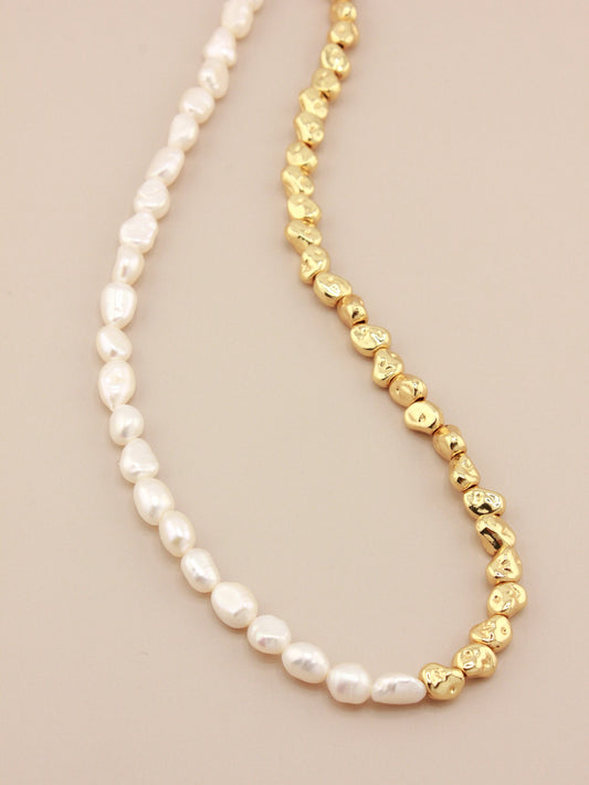 Half Gold and Pearl Mini Baroque Necklace