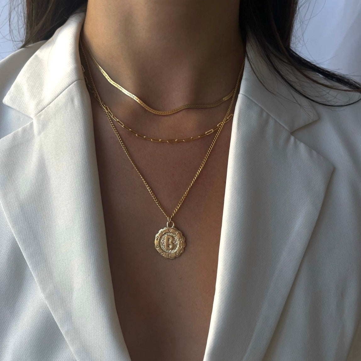 Herringbone and Paperclip Goddess Initial Necklace Set