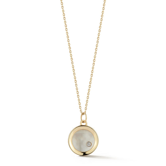 Mother of Pearl Diamond Dot Coin Necklace in 14kt