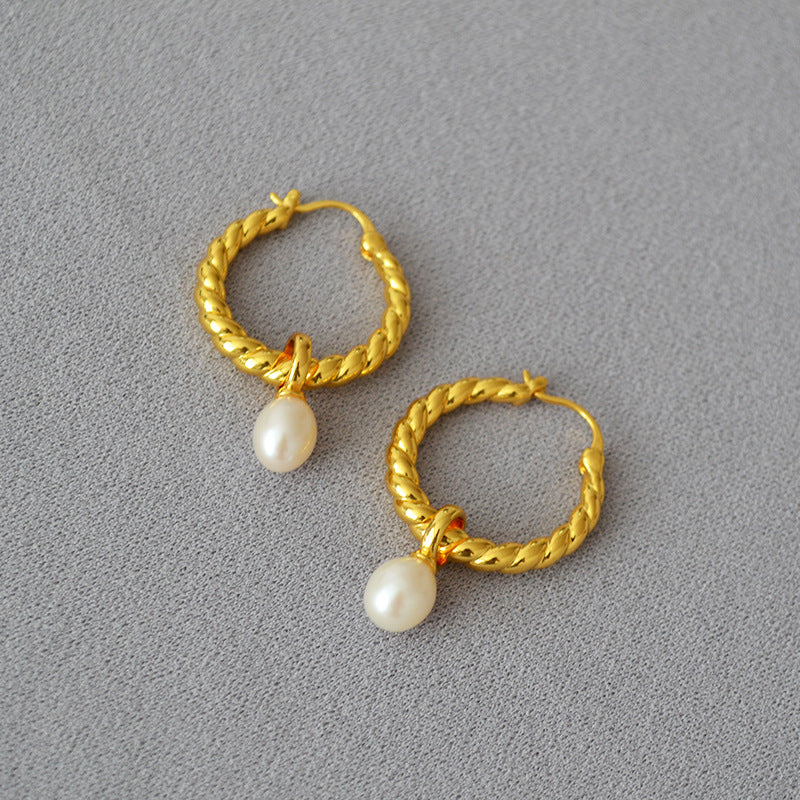 Twisted Hoop Earrings with Freshwater Pearls