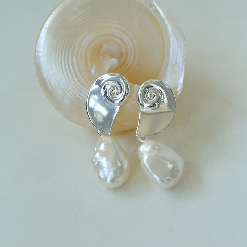 Baroque Pearl Earrings with Metal Conch Design