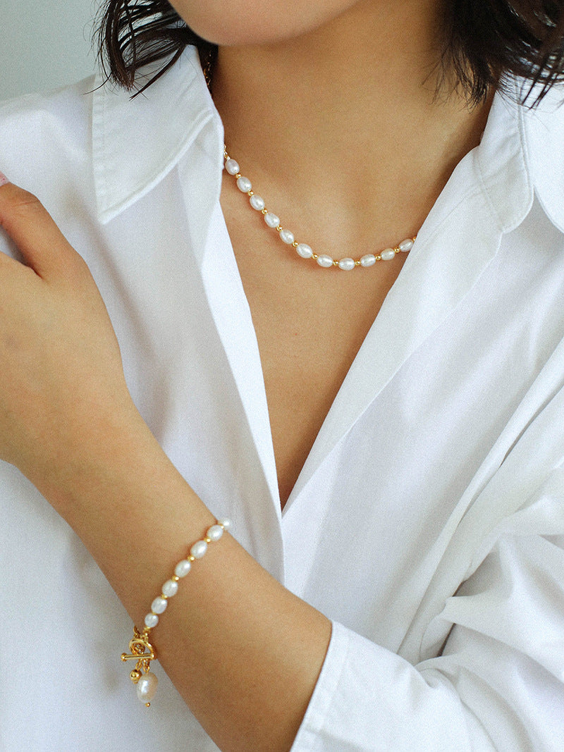 Pearl Beaded Chain Necklace and Bracelet Set